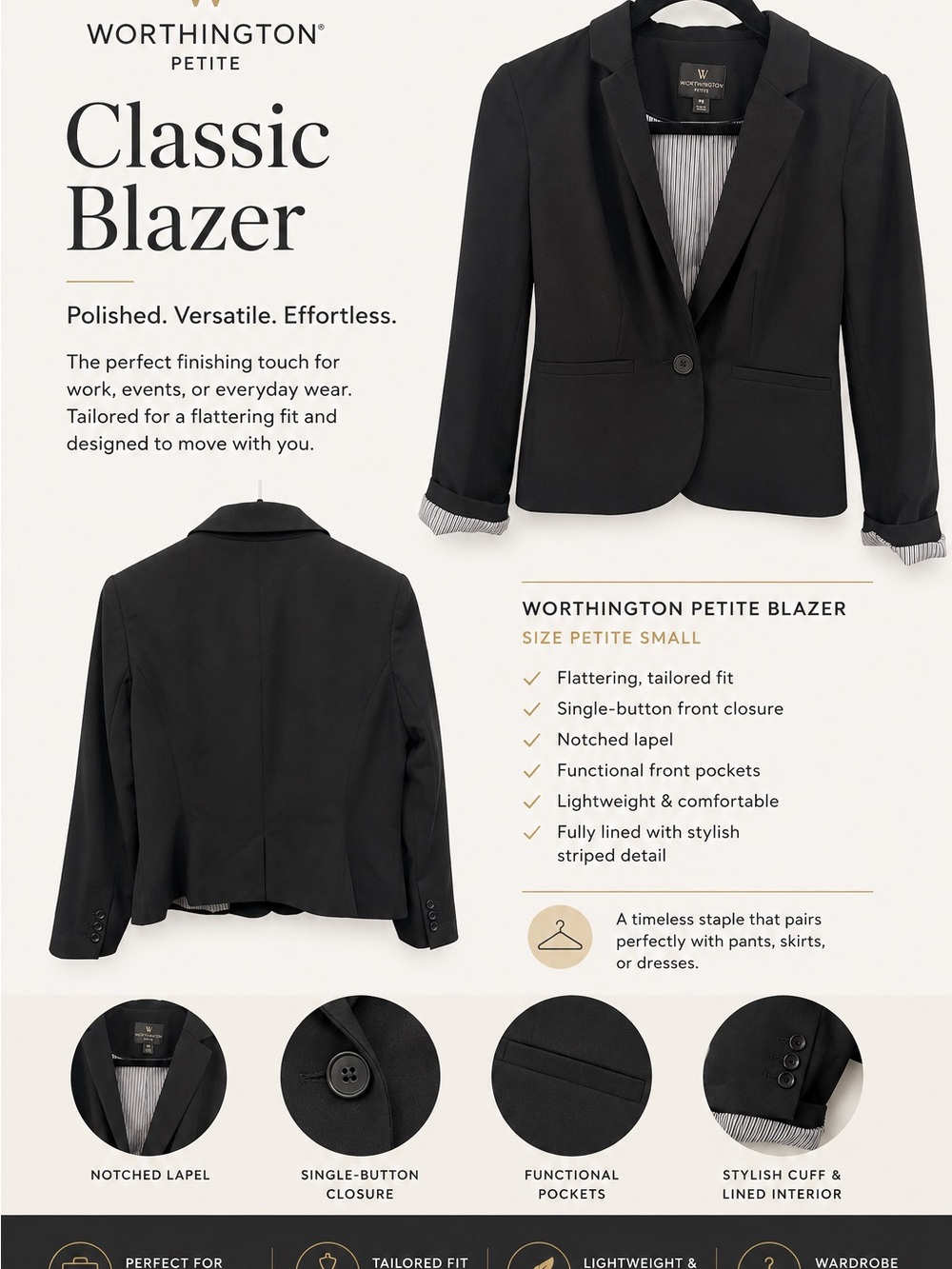 Worthington Petite Black Classic Blazer - Notched Lapel Single-Button